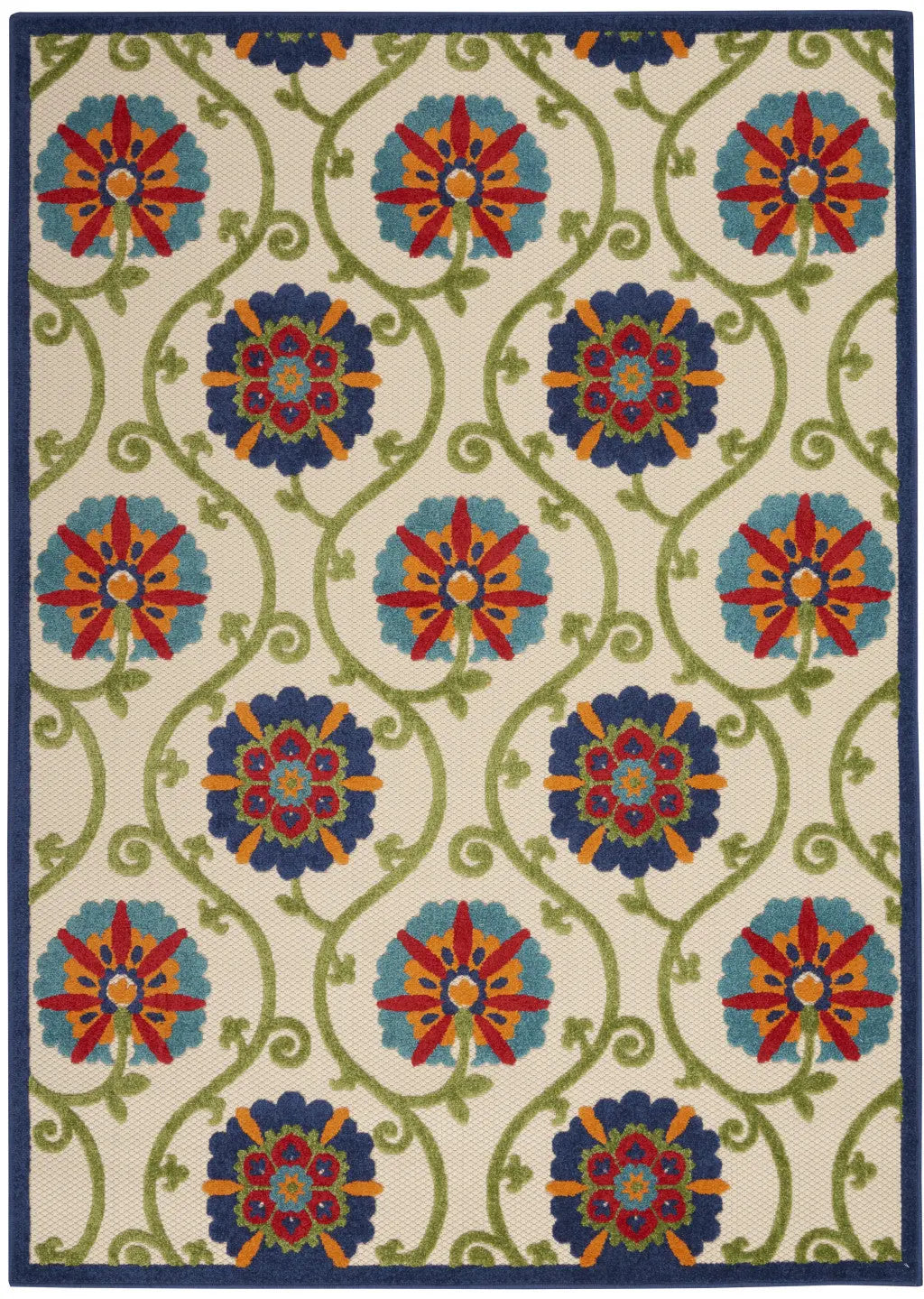 4' X 6' Navy Blue Beige Green Blue And Red Floral Indoor Outdoor Area Rug Homeroots Outdoor