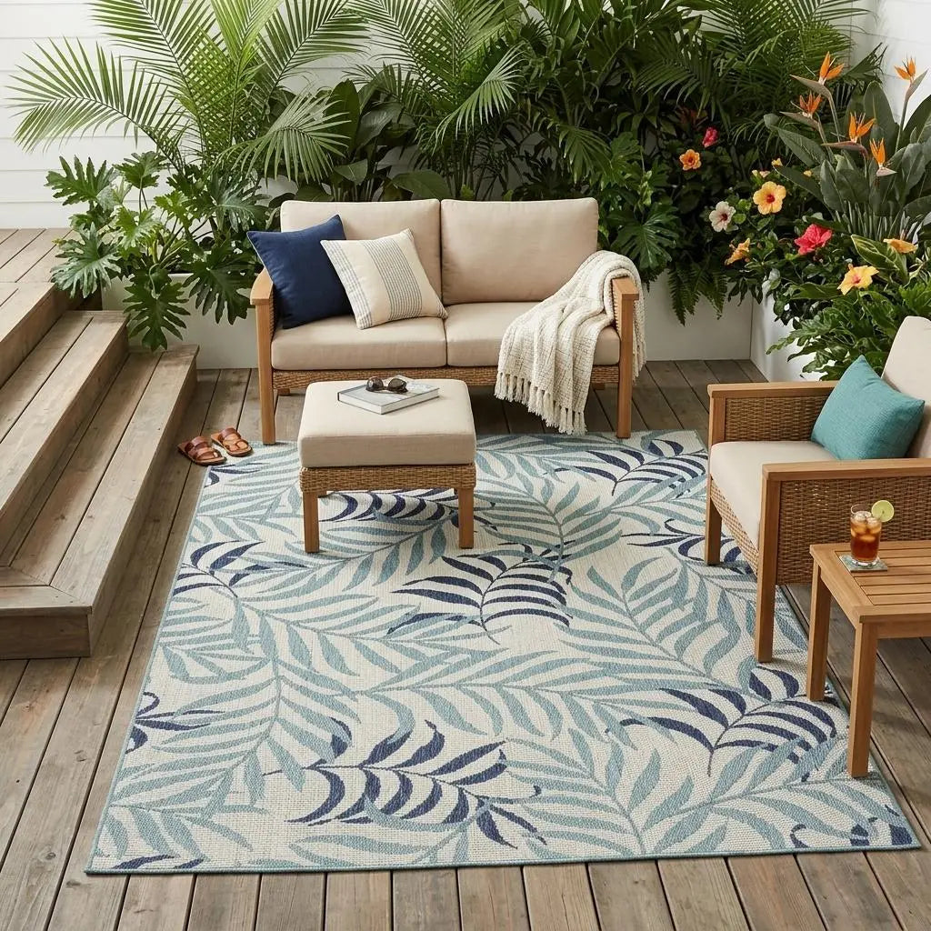 4' X 6' Navy Blue Ivory And Blue Palm Leaf Indoor Outdoor Area Rug Homeroots Outdoor