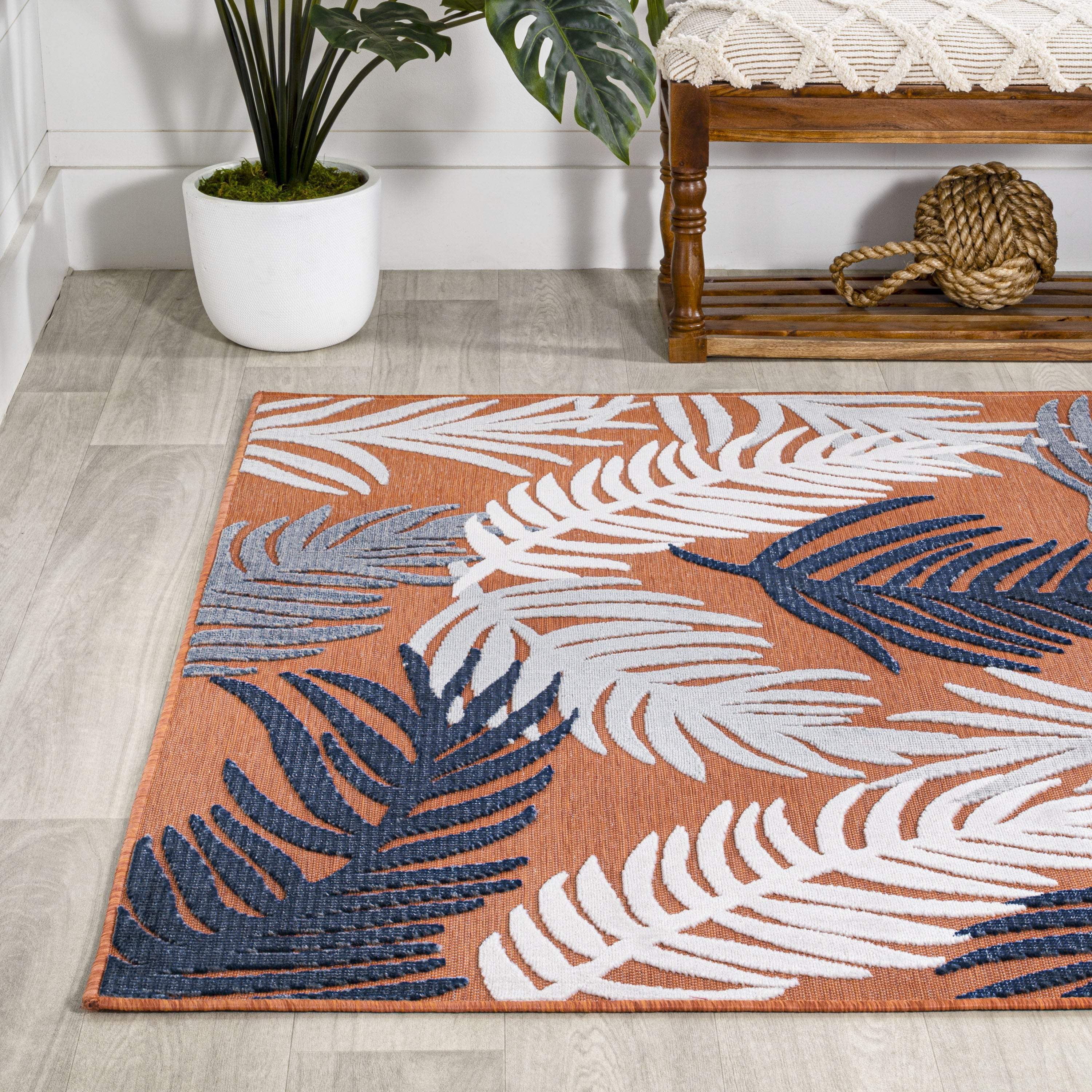 4' X 6' Orange Navy Blue And Ivory Floral Indoor Outdoor Area Rug - GreatEagleInc