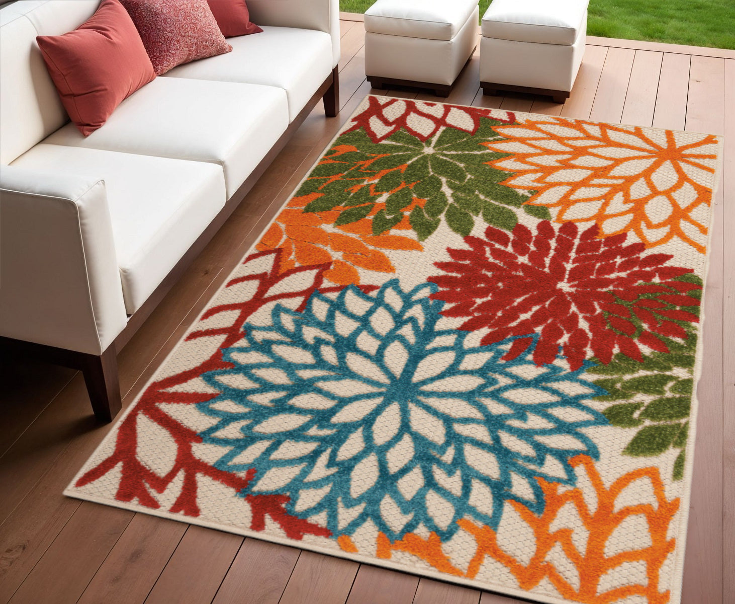4' X 6' Orange Red Green And Blue Floral Indoor Outdoor Area Rug Homeroots Outdoor