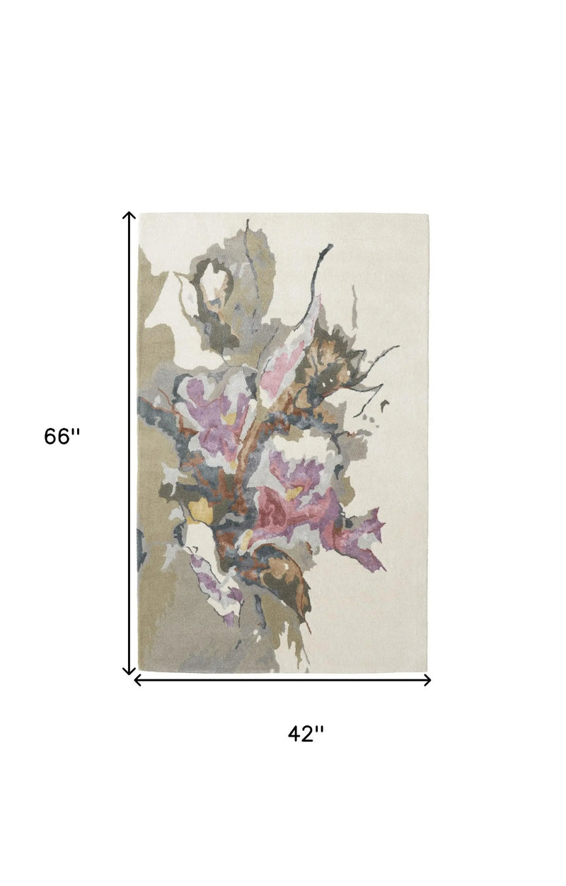 Floral design area rug, 66"x42", featuring soft beige background with pink, purple, and yellow accents. Perfect for modern decor.