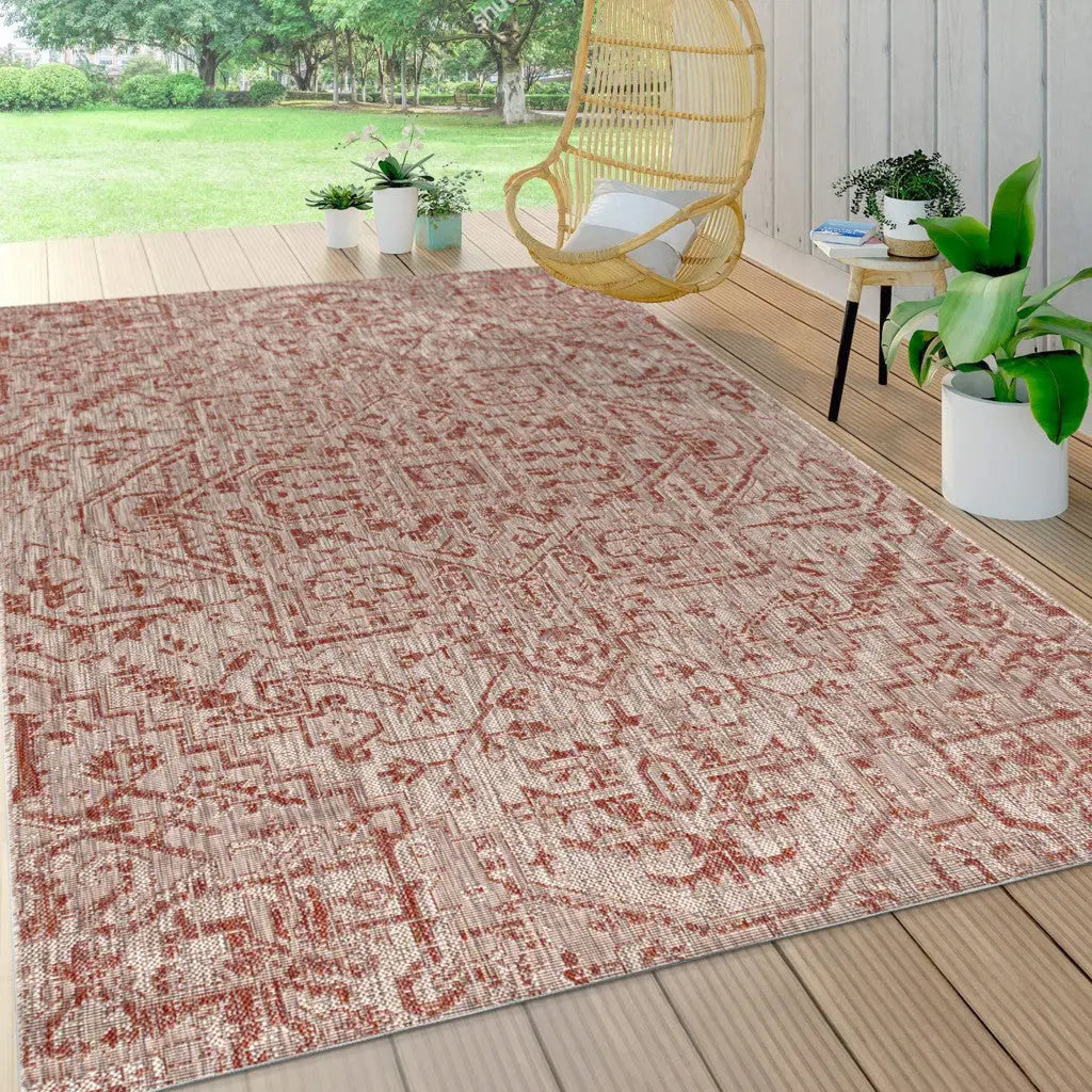 4' X 6' Red And Taupe Medallion Indoor Outdoor Area Rug Homeroots Outdoor