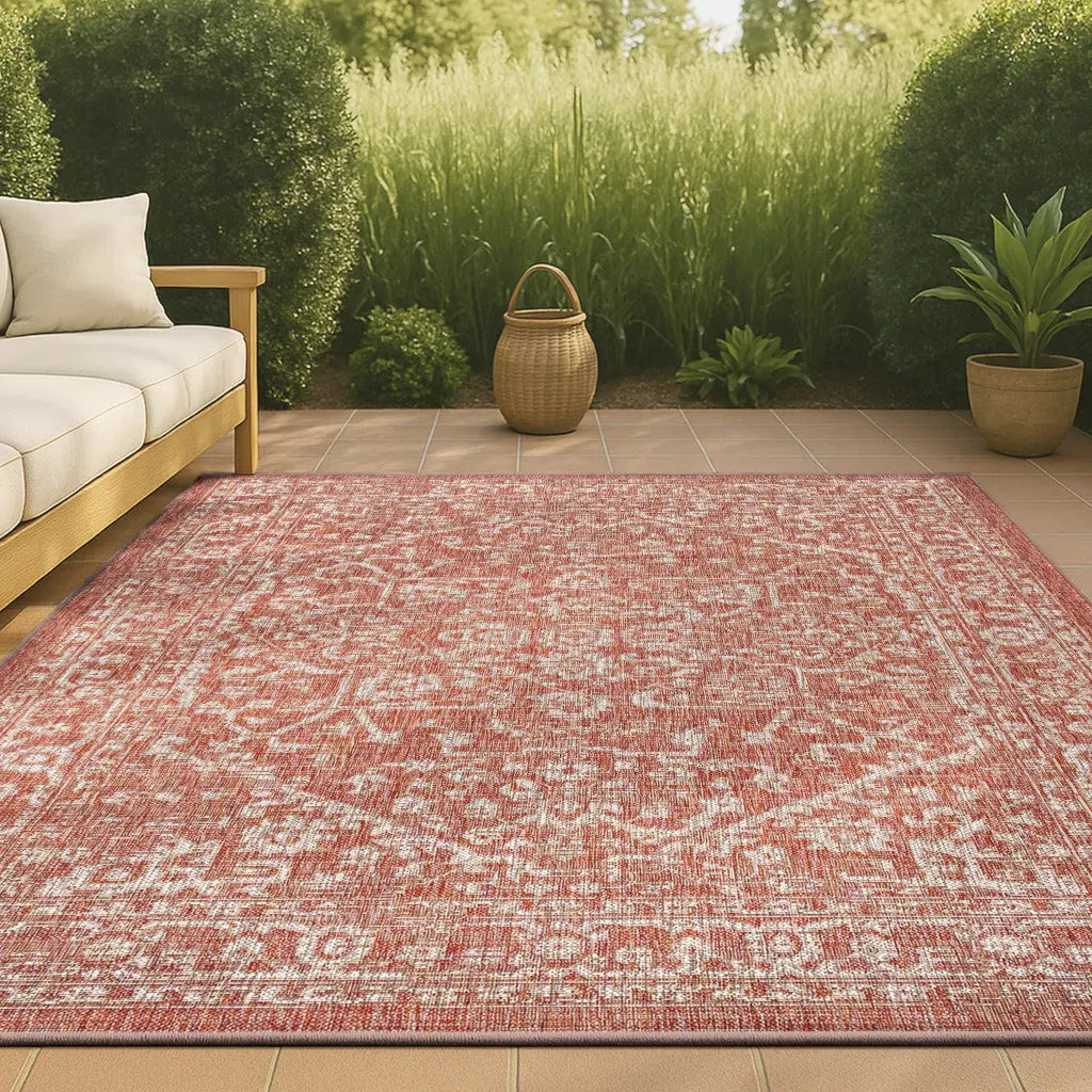 4' X 6' Red And Taupe Medallion Indoor Outdoor Area Rug Homeroots Outdoor