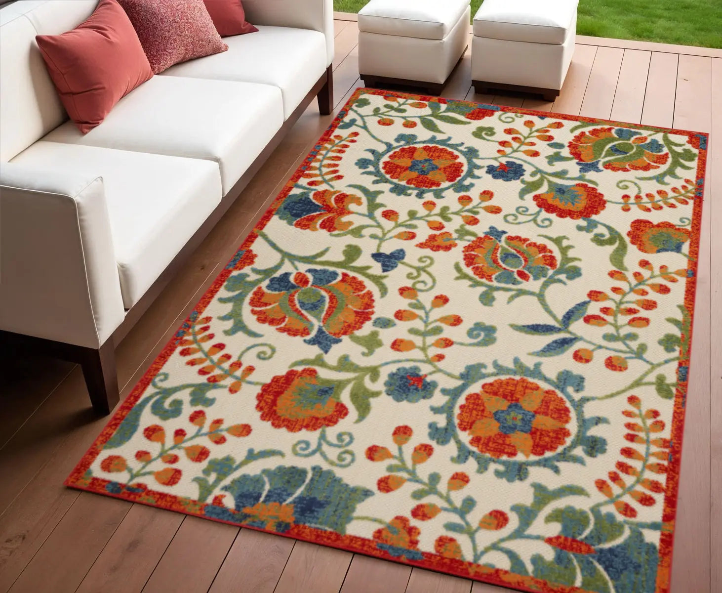 4' X 6' Red Gold Green And Teal Blue Floral Indoor Outdoor Area Rug Homeroots Outdoor