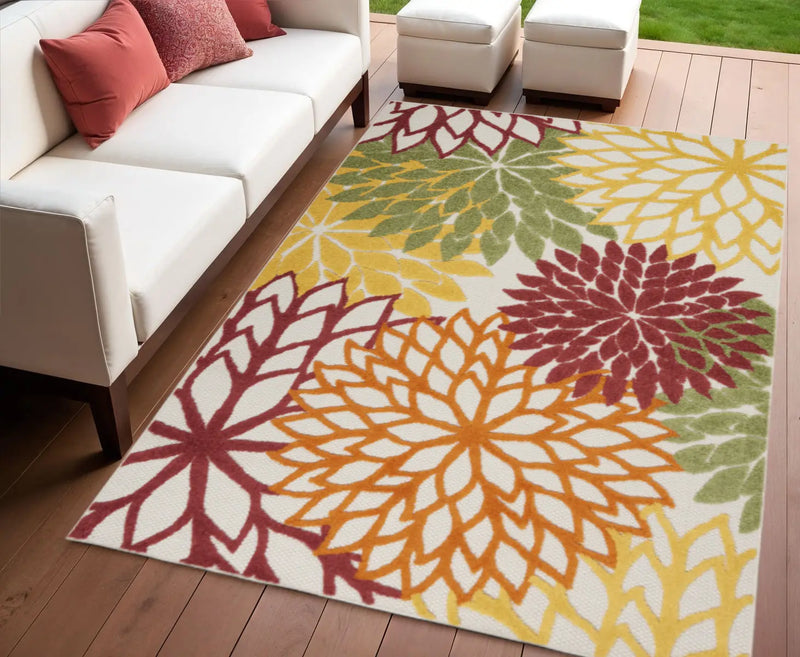 4' X 6' Red Yellow Green Orange And Ivory Floral Indoor Outdoor Area Rug Homeroots Outdoor