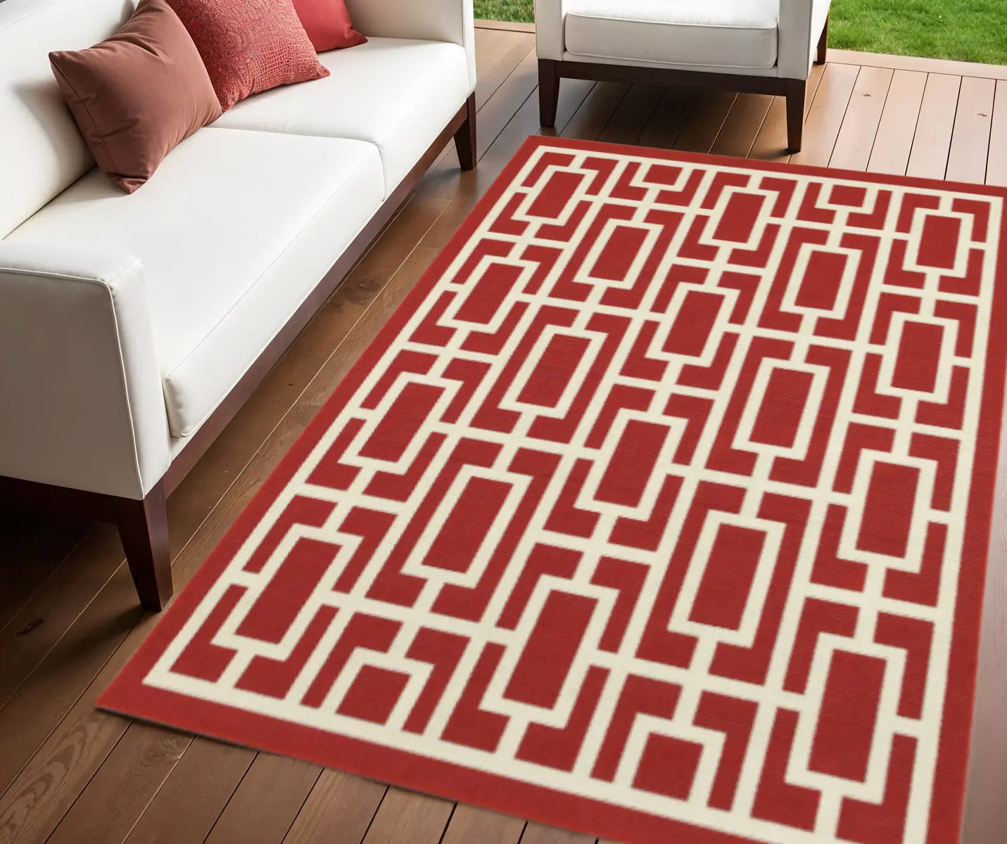 4' X 6' Red and Ivory Geometric Stain Resistant Indoor Outdoor Area Rug Homeroots Outdoor