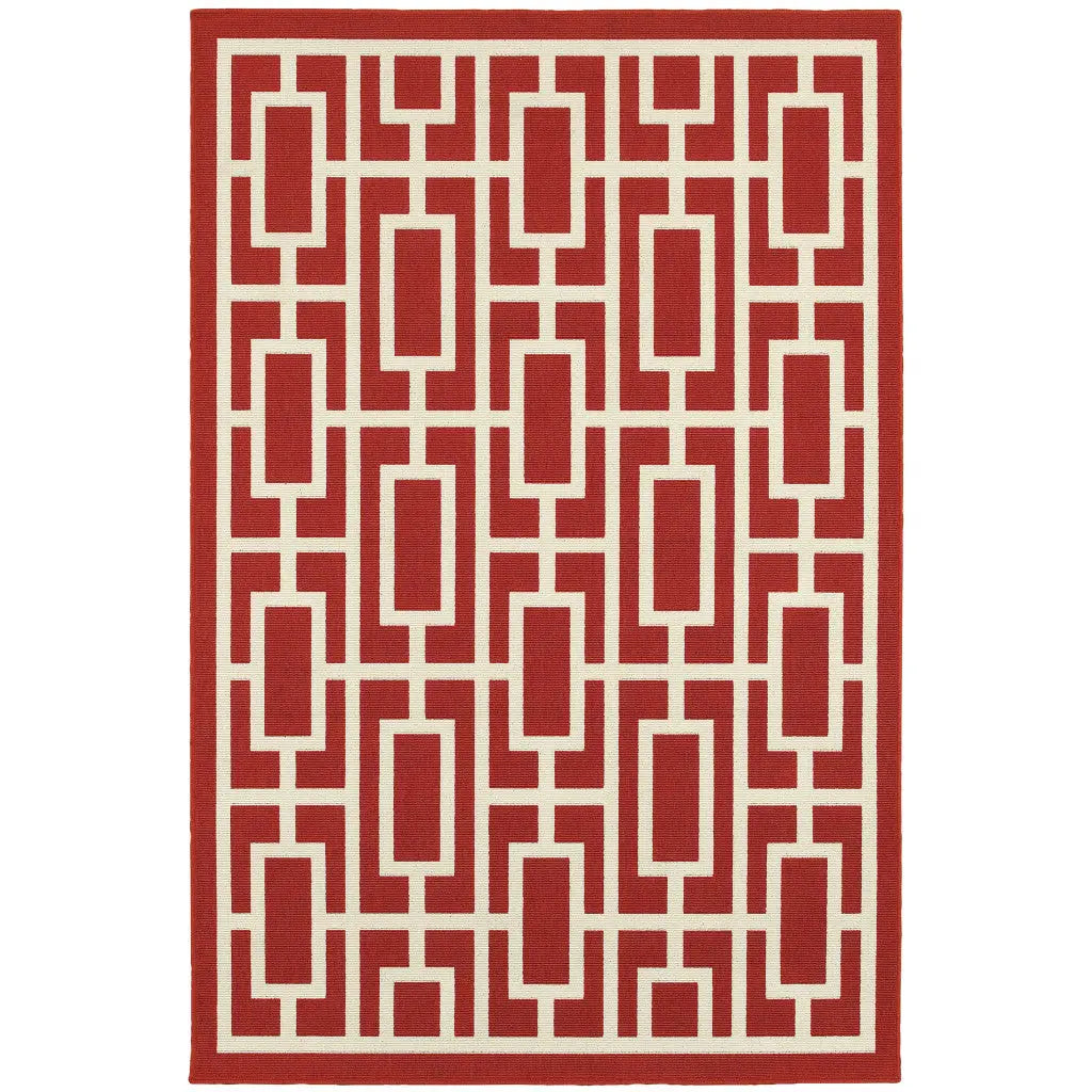4' X 6' Red and Ivory Geometric Stain Resistant Indoor Outdoor Area Rug Homeroots Outdoor