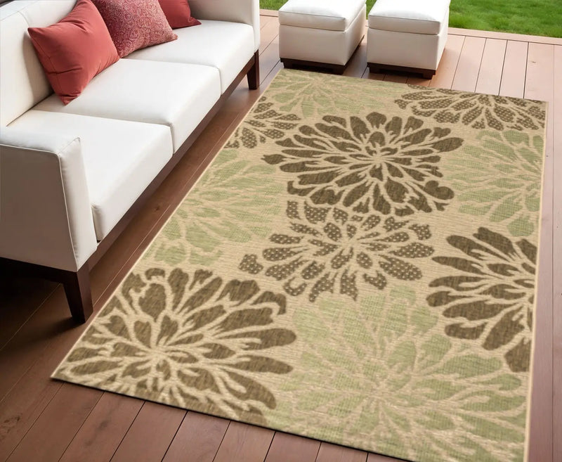 Neutral floral area rug in beige and brown, perfect for outdoor patios or indoor spaces, featuring a stylish design.