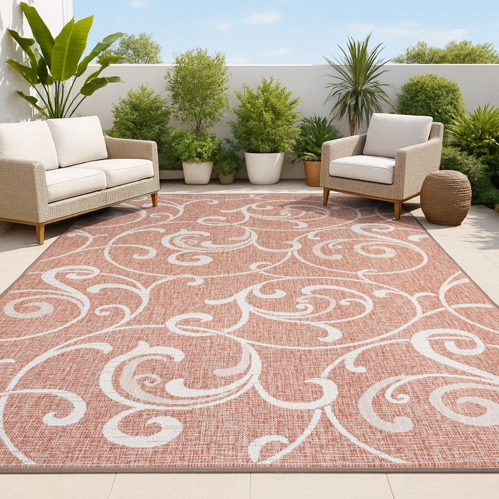 4' X 6' Salmon And Cream Floral Indoor Outdoor Area Rug - GreatEagleInc