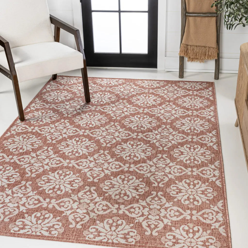4' X 6' Salmon And Cream Floral Indoor Outdoor Area Rug Homeroots Outdoor