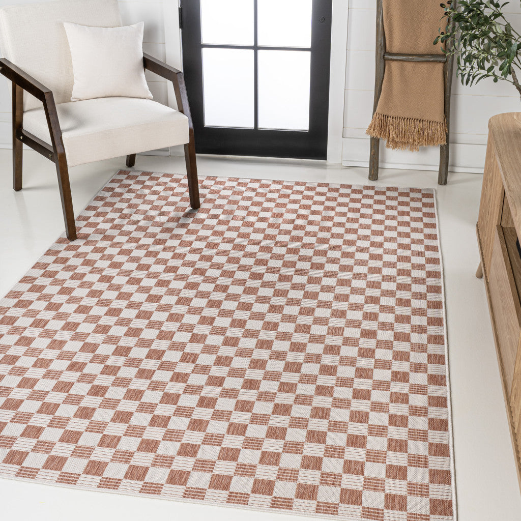 4' X 6' Salmon And Cream Geometric Indoor Outdoor Area Rug - GreatEagleInc
