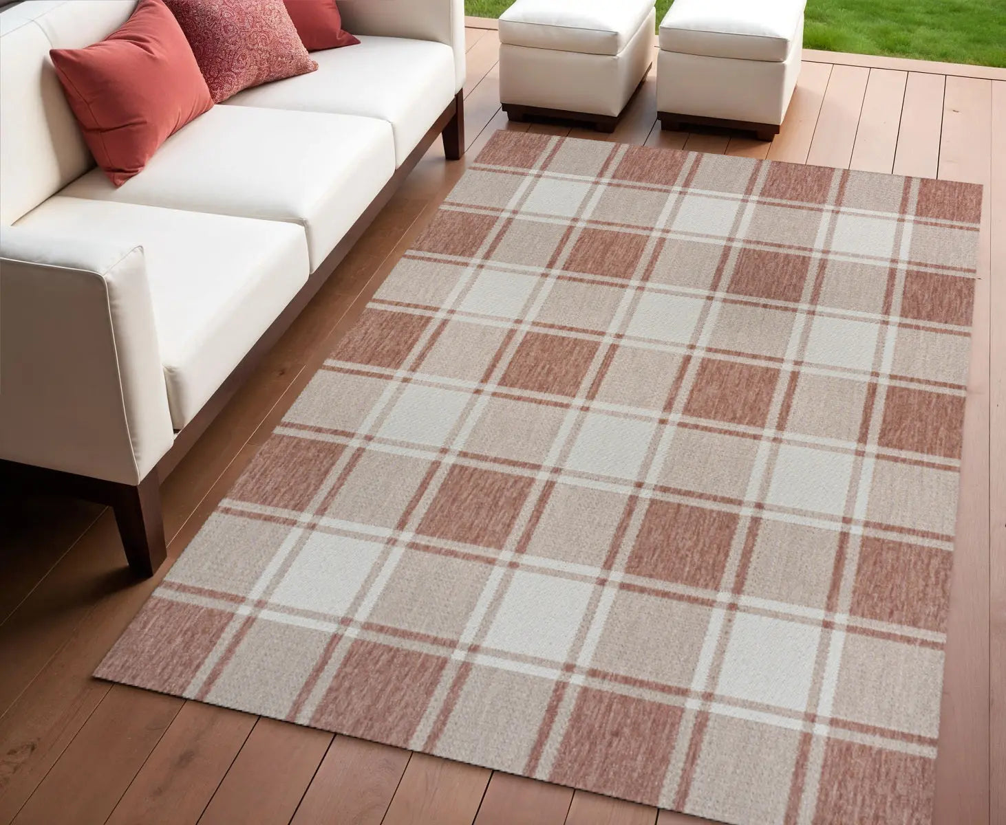 4' X 6' Salmon And Cream Gingham Indoor Outdoor Area Rug Homeroots Outdoor