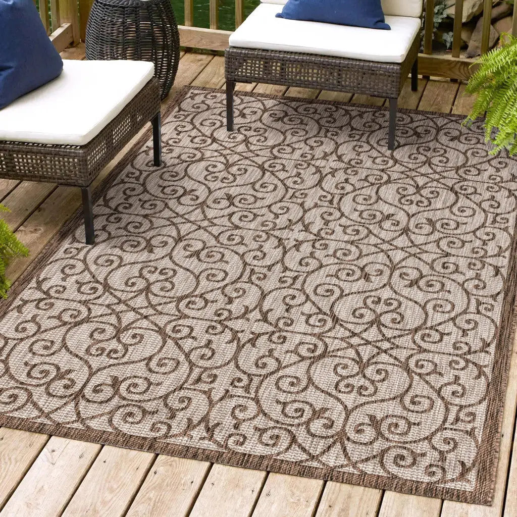 4' X 6' Taupe And Espresso Geometric Indoor Outdoor Area Rug Homeroots Outdoor
