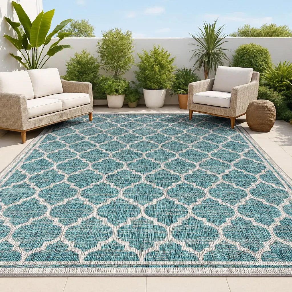 4' X 6' Teal Blue And Gray Geometric Indoor Outdoor Area Rug Homeroots Outdoor