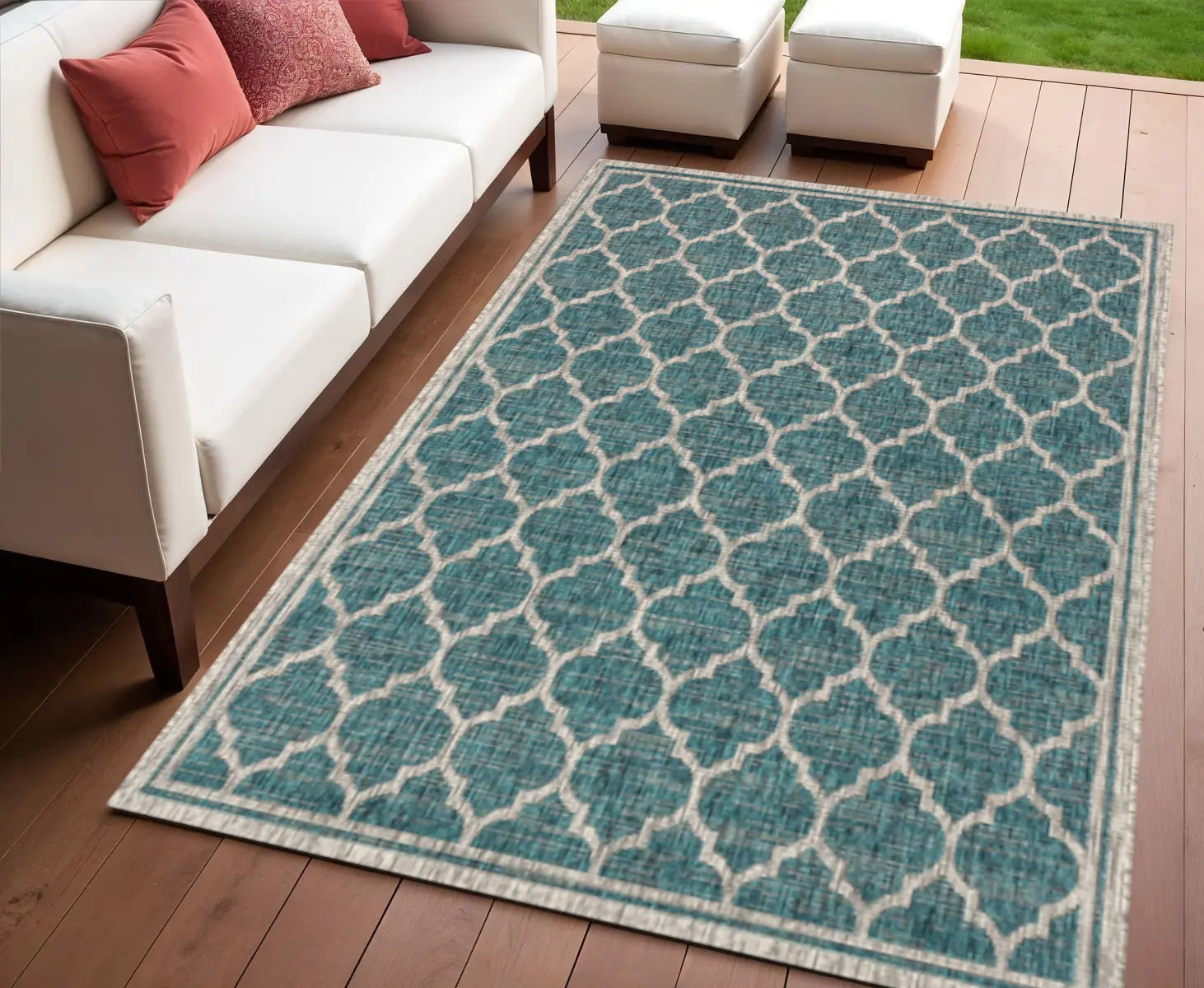 4' X 6' Teal Blue And Gray Geometric Indoor Outdoor Area Rug Homeroots Outdoor