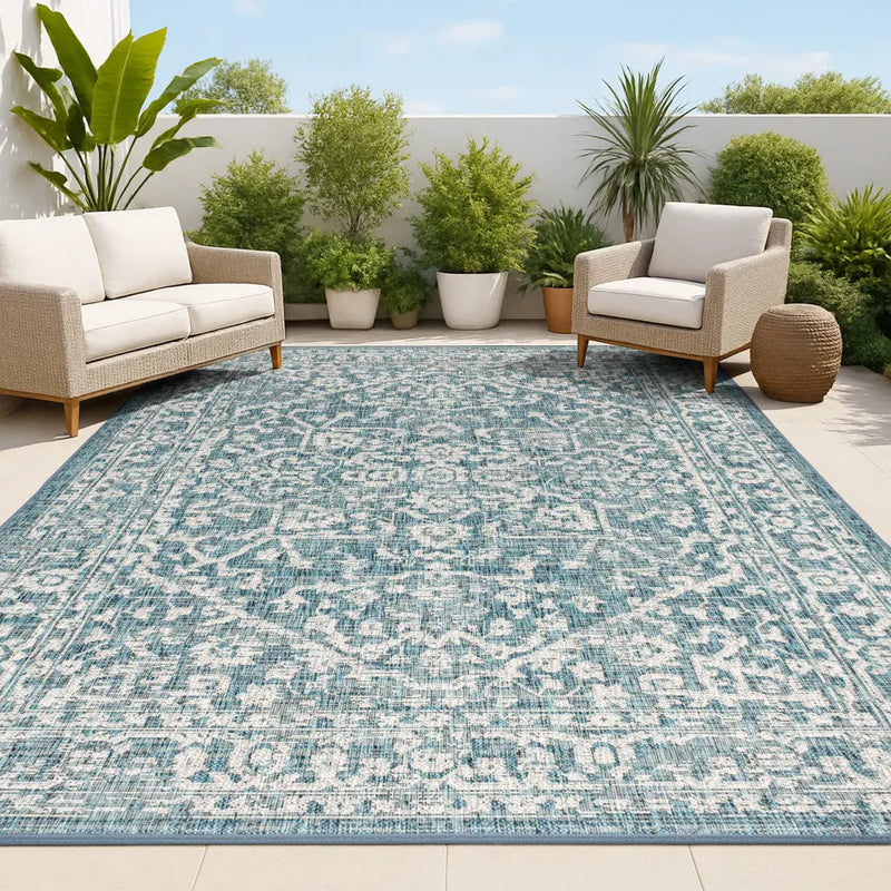 4' X 6' Teal Blue And Gray Medallion Indoor Outdoor Area Rug Homeroots Outdoor