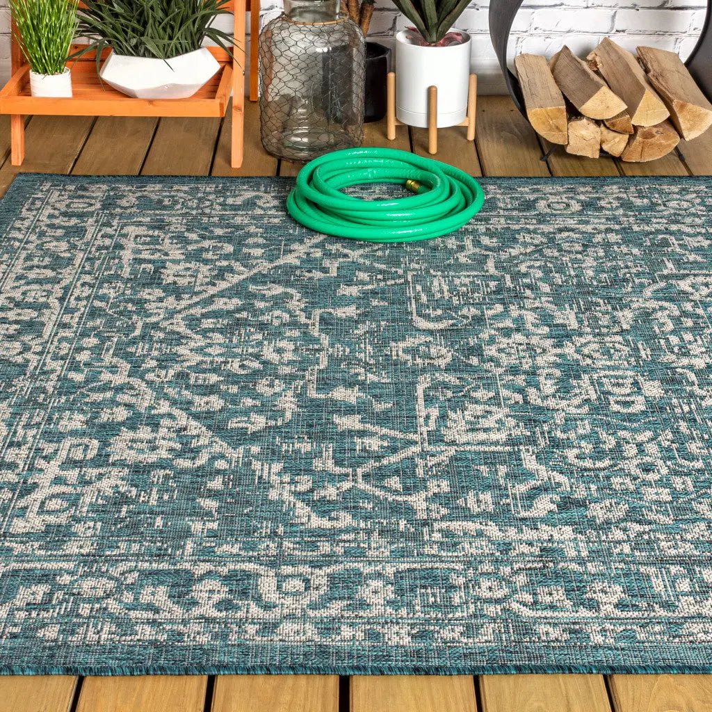 4' X 6' Teal Blue And Gray Medallion Indoor Outdoor Area Rug Homeroots Outdoor