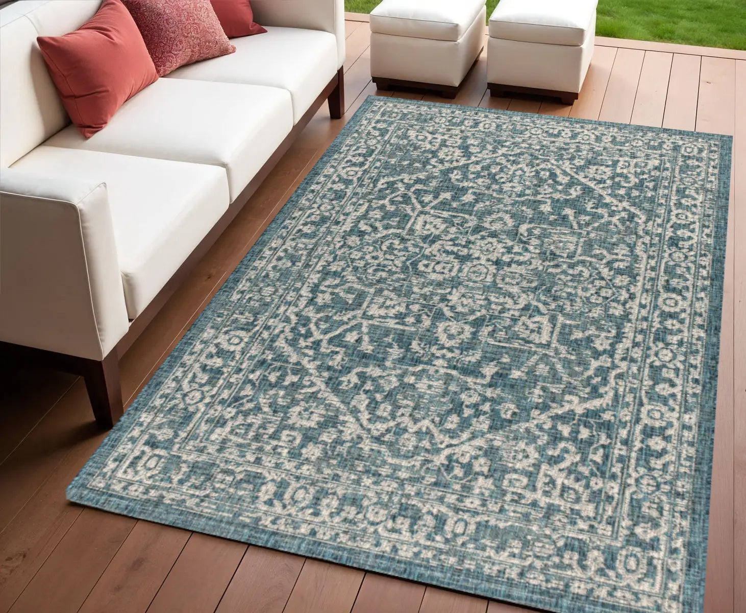4' X 6' Teal Blue And Gray Medallion Indoor Outdoor Area Rug Homeroots Outdoor