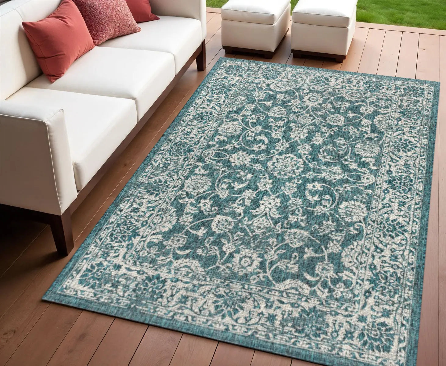 4' X 6' Teal Blue And Gray Medallion Indoor Outdoor Area Rug Homeroots Outdoor