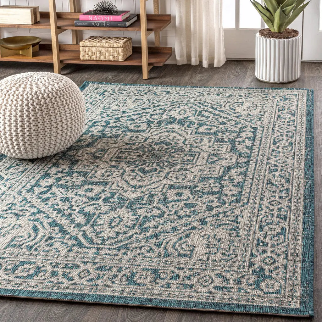 4' X 6' Teal Blue And Gray Medallion Indoor Outdoor Area Rug Homeroots Outdoor
