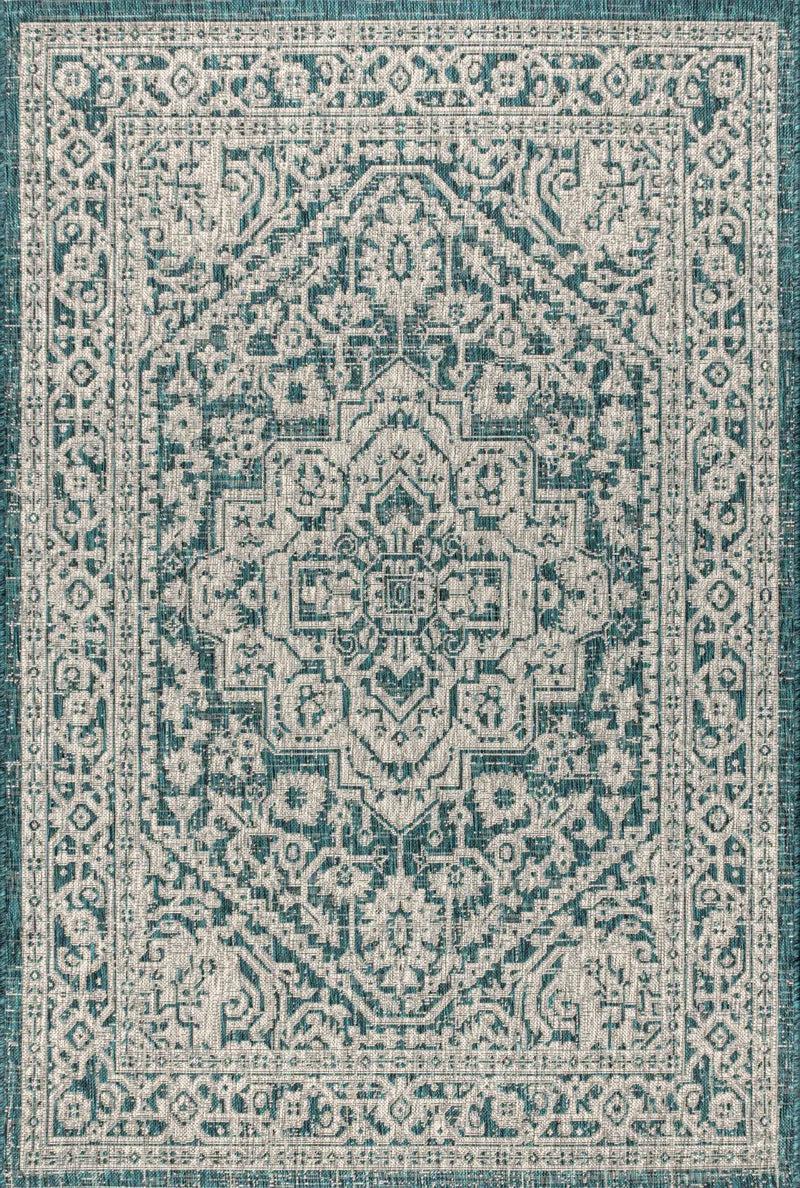4' X 6' Teal Blue And Gray Medallion Indoor Outdoor Area Rug Homeroots Outdoor