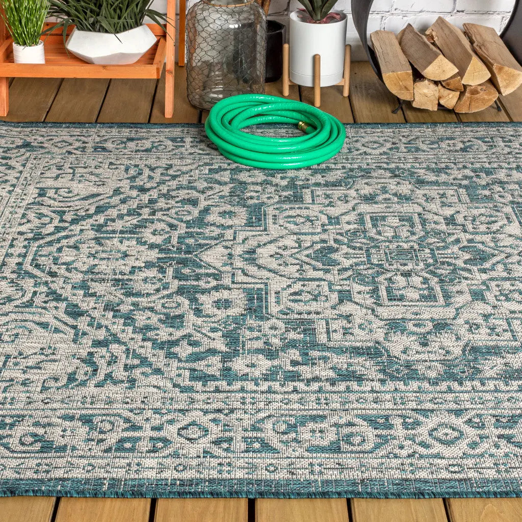 4' X 6' Teal Blue And Gray Medallion Indoor Outdoor Area Rug Homeroots Outdoor