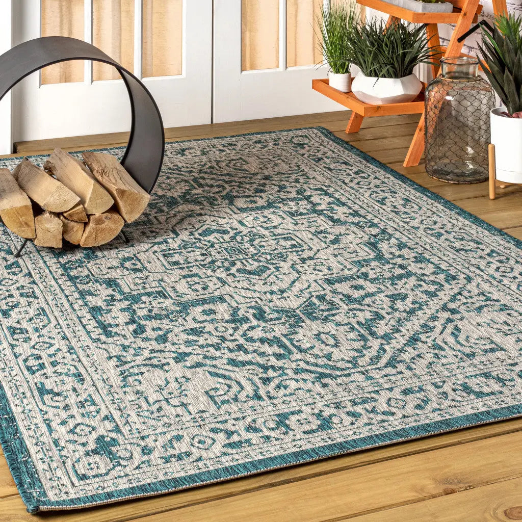 4' X 6' Teal Blue And Gray Medallion Indoor Outdoor Area Rug Homeroots Outdoor