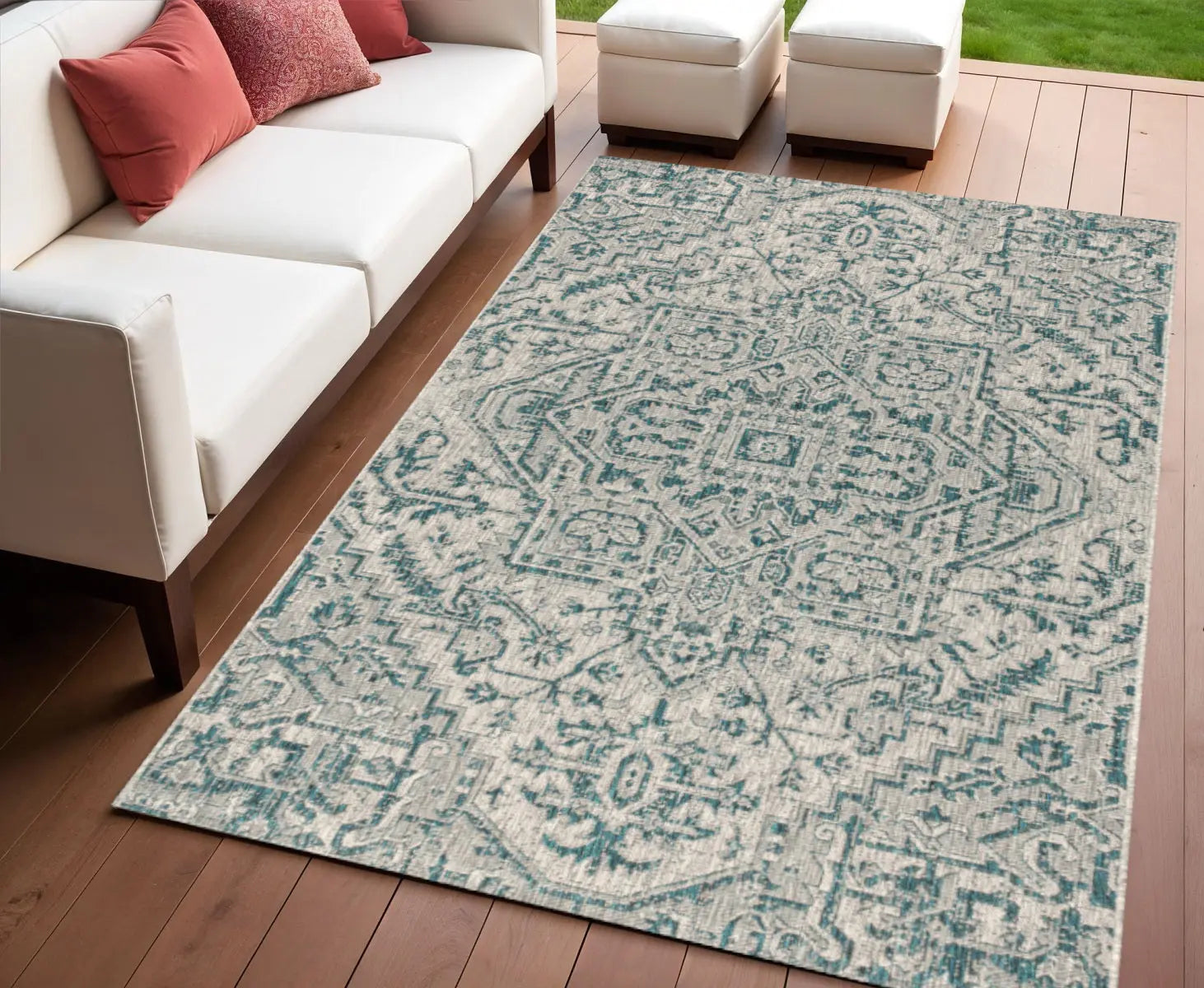 4' X 6' Teal Blue And Gray Medallion Indoor Outdoor Area Rug Homeroots Outdoor