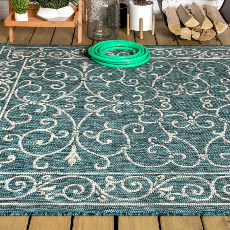 4' X 6' Teal Blue And Gray Medallion Indoor Outdoor Area Rug Homeroots Outdoor