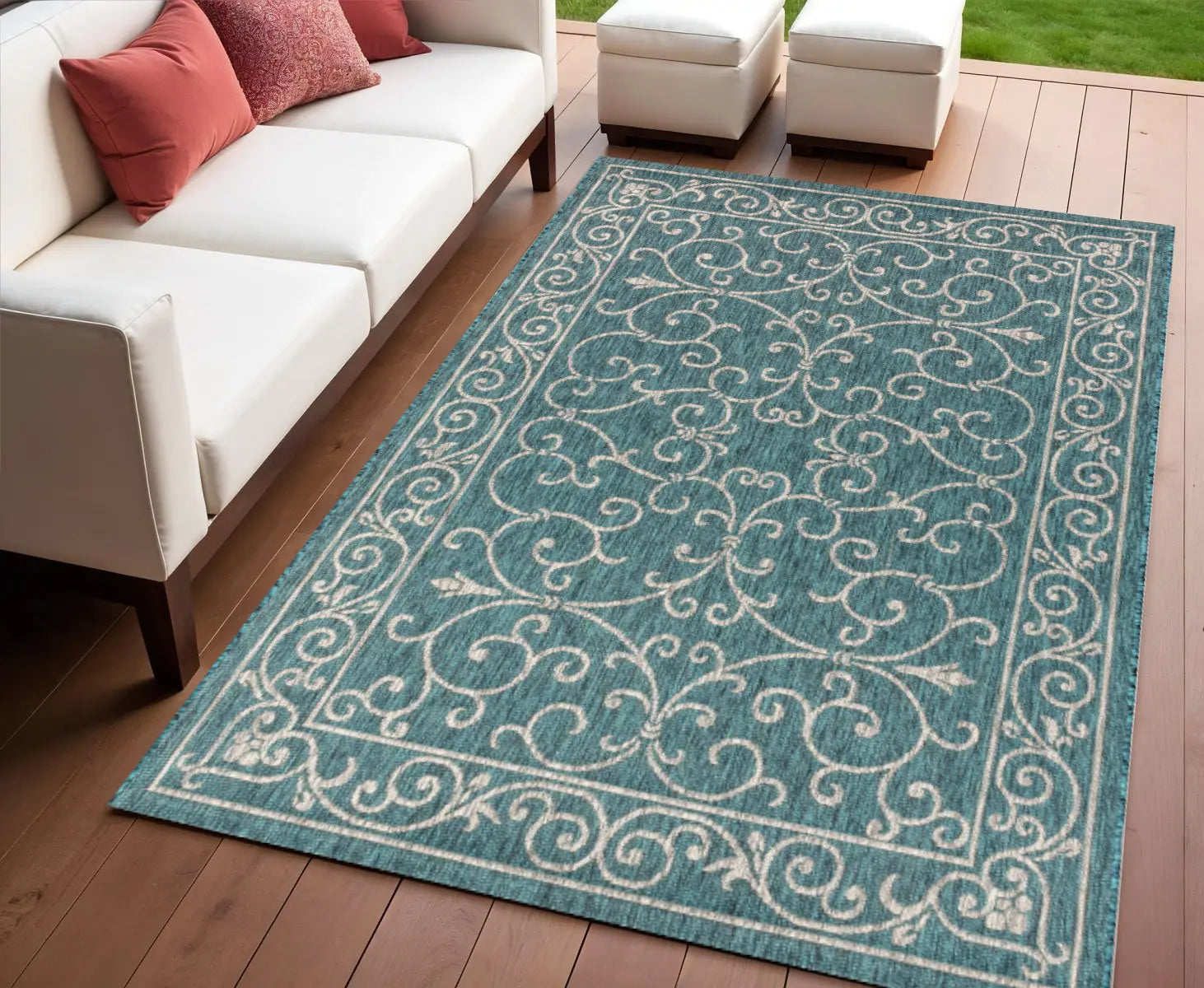 4' X 6' Teal Blue And Gray Medallion Indoor Outdoor Area Rug Homeroots Outdoor