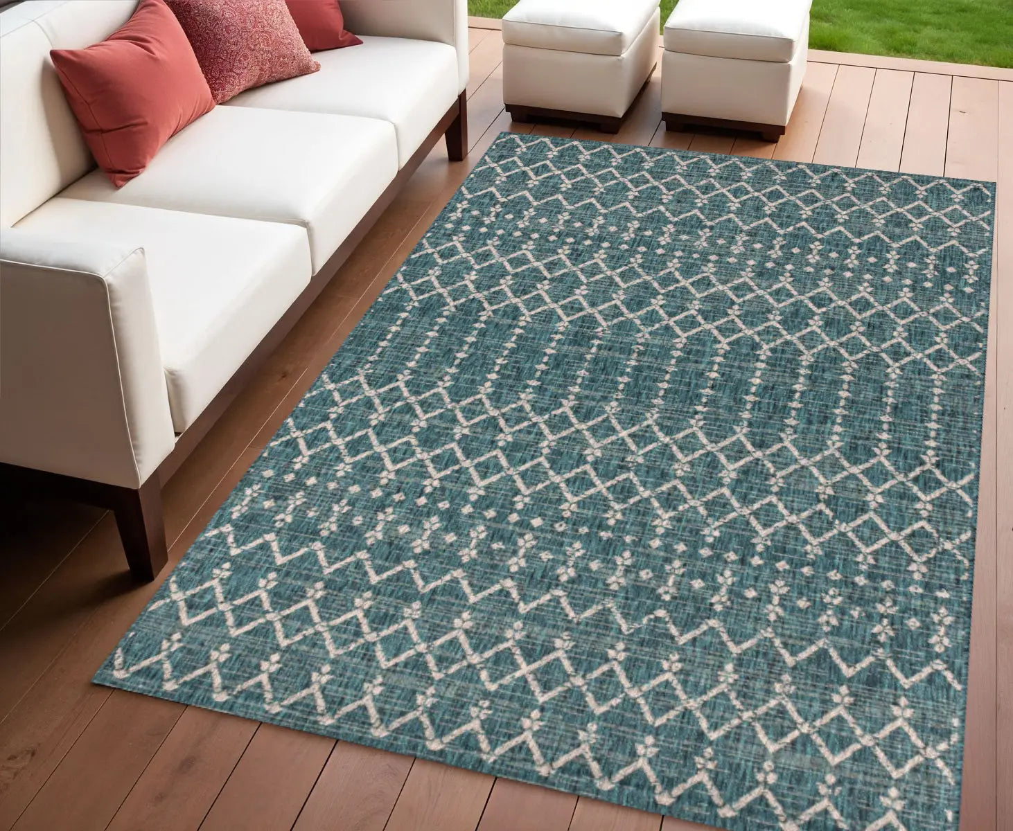 4' X 6' Teal Blue And Gray Trellis Indoor Outdoor Area Rug Homeroots Outdoor