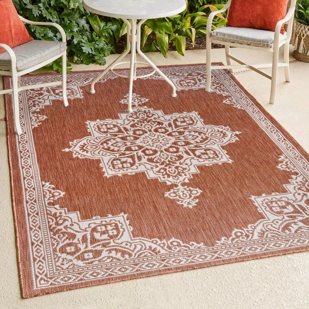 4' X 6' Terra Cotta And Cream Medallion Indoor Outdoor Area Rug Homeroots Outdoor