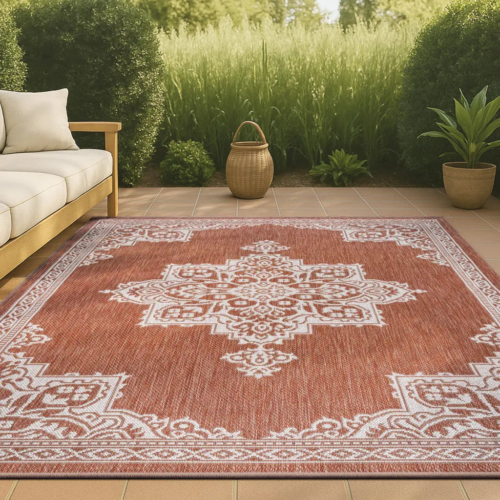 4' X 6' Terra Cotta And Cream Medallion Indoor Outdoor Area Rug Homeroots Outdoor