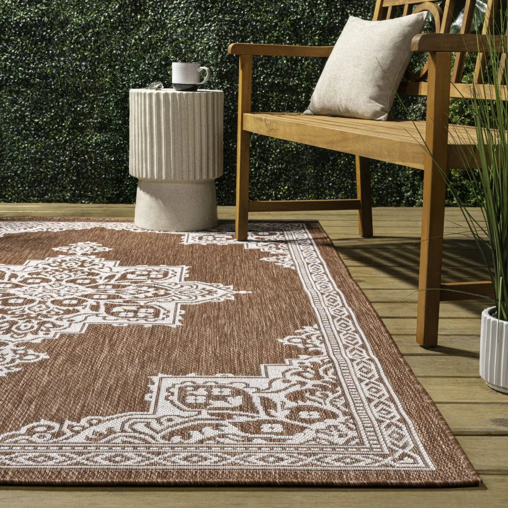 4' X 6' Terra Cotta And Cream Medallion Indoor Outdoor Area Rug Homeroots Outdoor