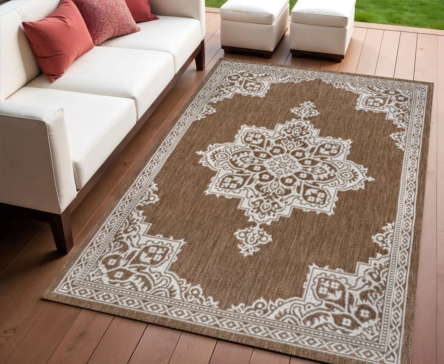 4' X 6' Terra Cotta And Cream Medallion Indoor Outdoor Area Rug Homeroots Outdoor