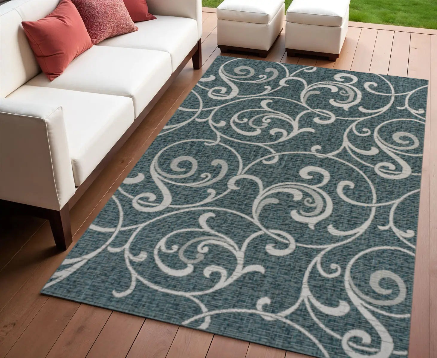 4' X 6' Turquoise And Cream Floral Indoor Outdoor Area Rug Homeroots Outdoor