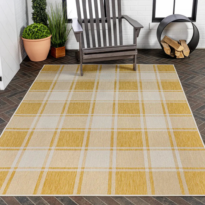 4' X 6' Yellow And Cream Gingham Indoor Outdoor Area Rug - GreatEagleInc