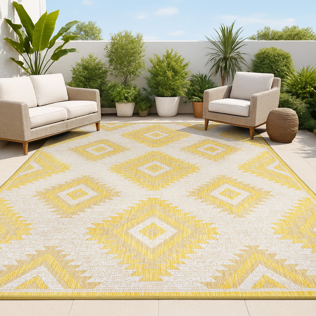 4' X 6' Yellow And Cream Moroccan Indoor Outdoor Area Rug - GreatEagleInc