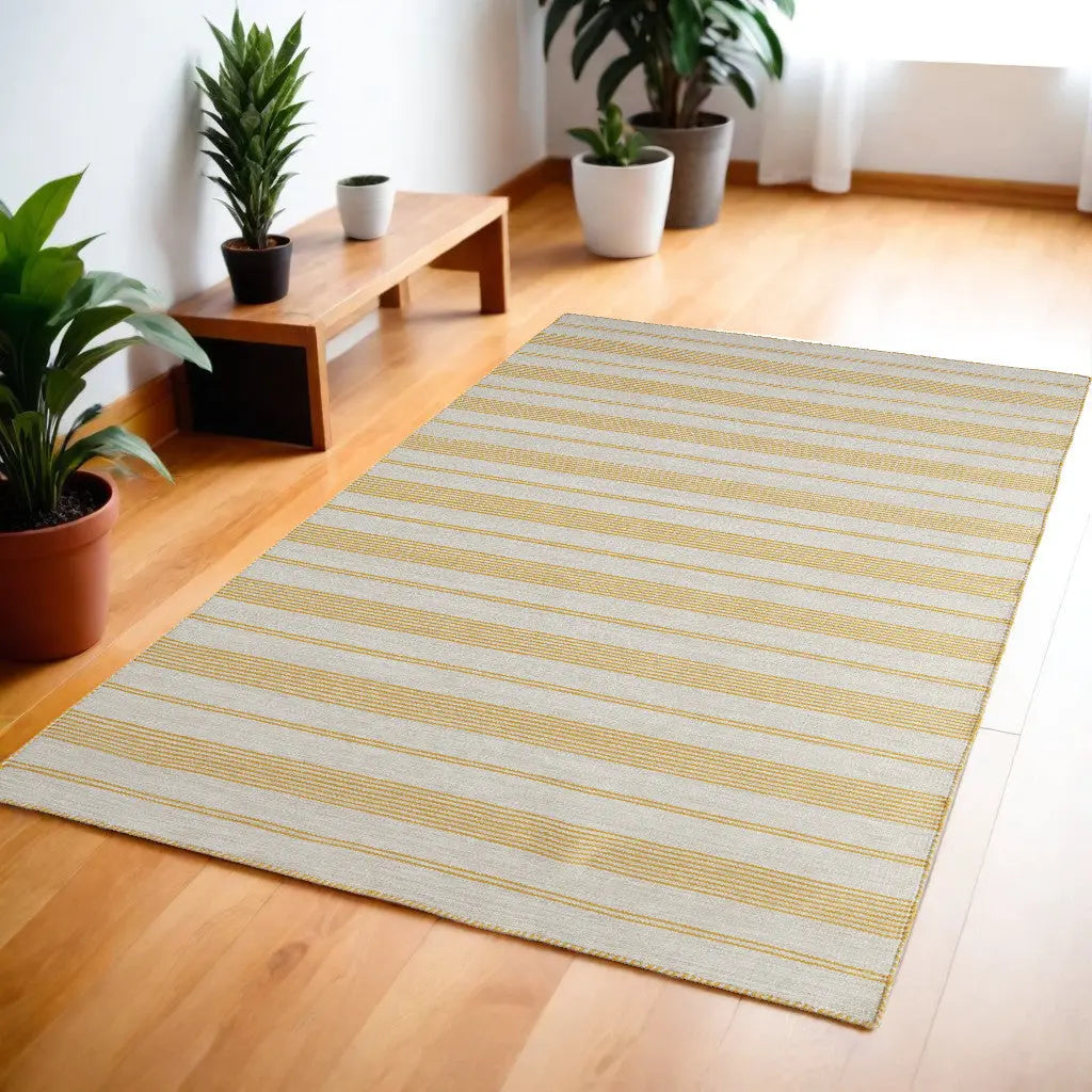 4' X 6' Yellow And Ivory Striped Dhurrie Hand Woven Stain Resistant Area Rug Homeroots Outdoor