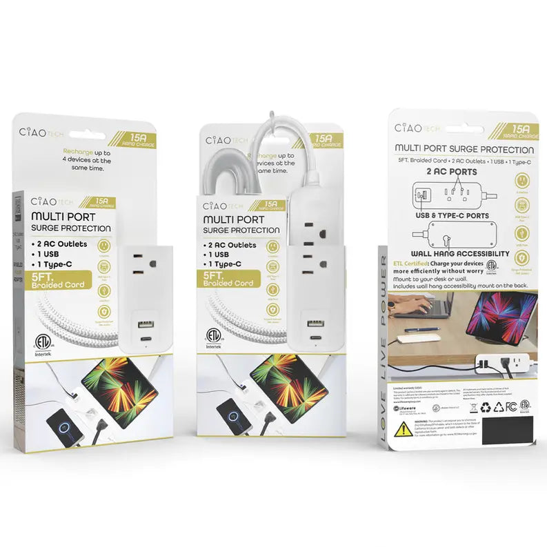 5 FT Extension Cord 2 Outlets + 1 USB + 1 Type C With Surge Protection CIAO Tech