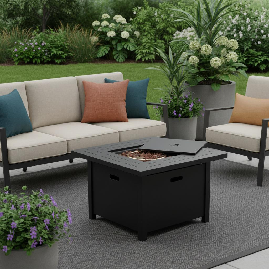 50000 BTU 28" Black Rattan Propane Square Fire Pit With Cover - GreatEagleInc
