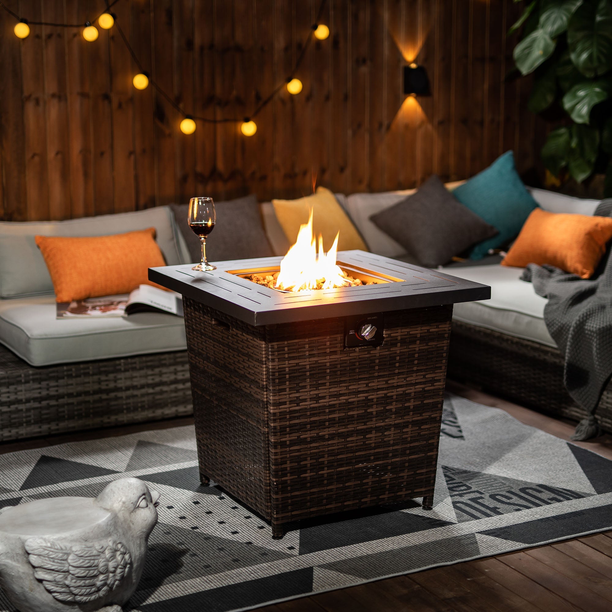 50000 BTU 28" Black Rattan Propane Square Fire Pit With Cover - GreatEagleInc