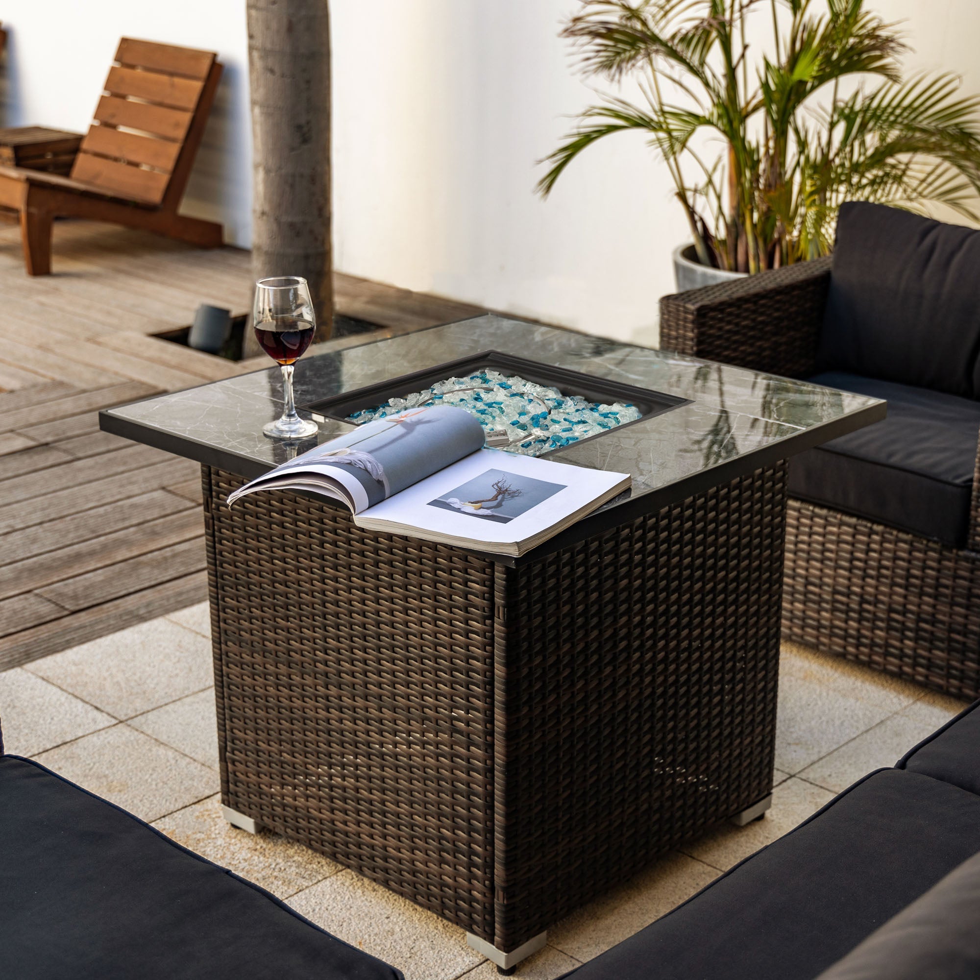 50000 BTU 30" Brown Wicker Propane Square Fire Pit With Cover - GreatEagleInc