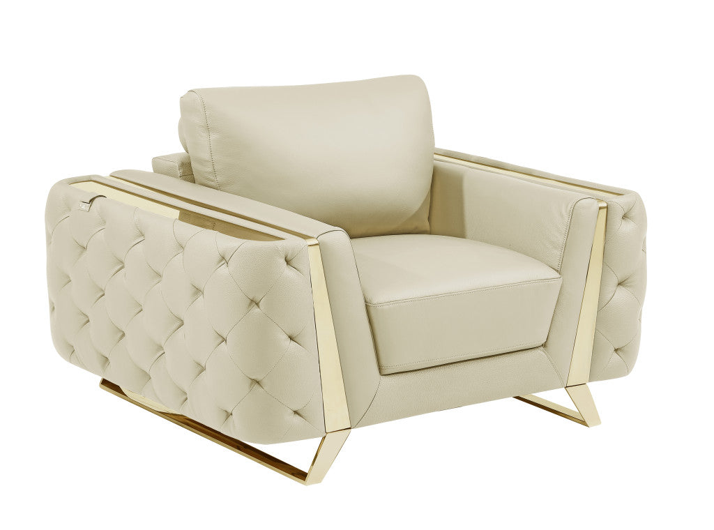 50" Beige And Gold Genuine Leather Tufted Club Chair - GreatEagleInc