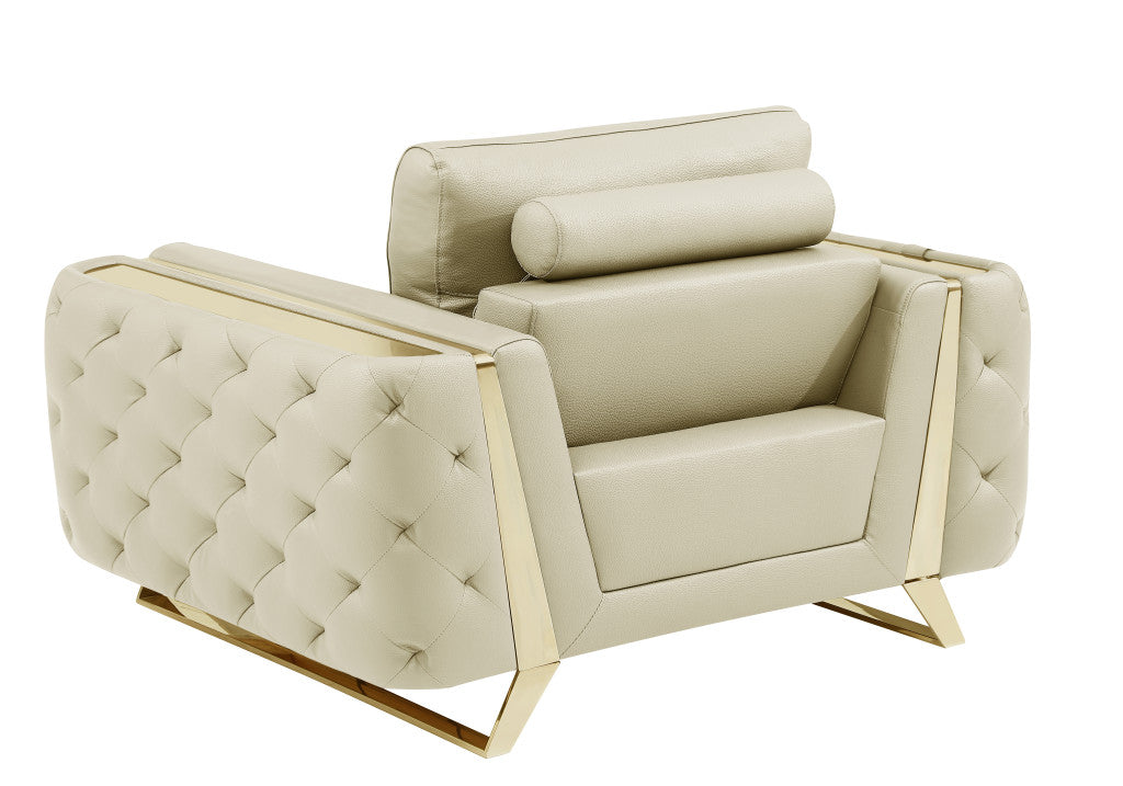 50" Beige And Gold Genuine Leather Tufted Club Chair - GreatEagleInc