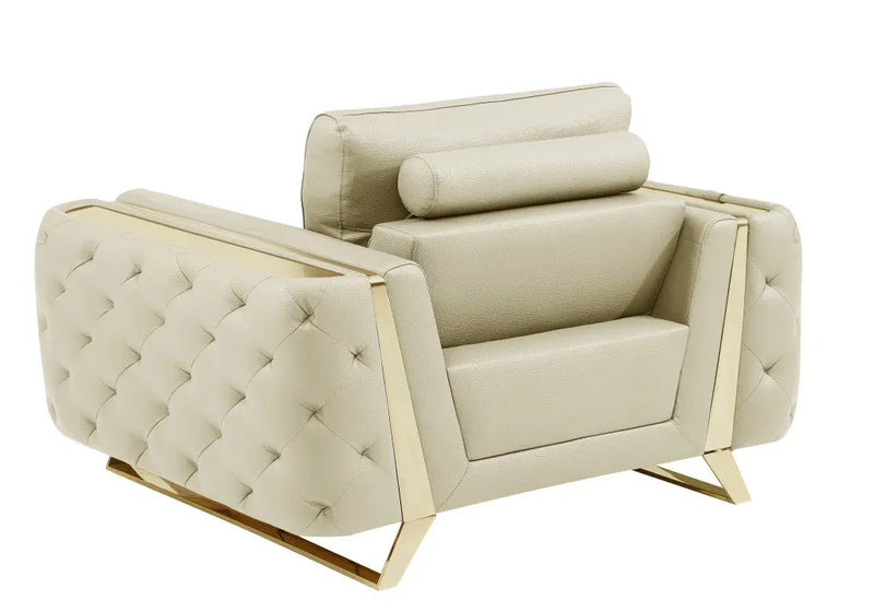 50" Beige And Gold Genuine Leather Tufted Club Chair - GreatEagleInc