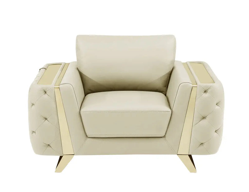 50" Beige And Gold Genuine Leather Tufted Club Chair - GreatEagleInc
