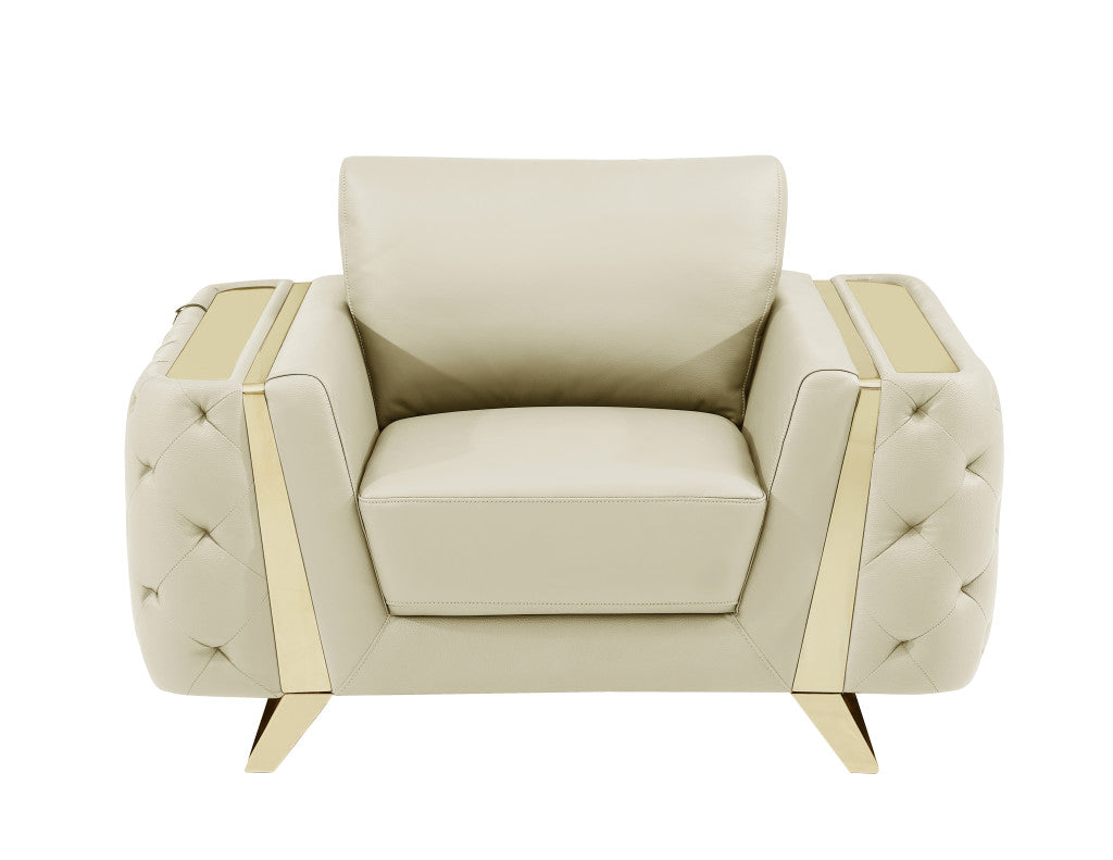 50" Beige And Gold Genuine Leather Tufted Club Chair - GreatEagleInc