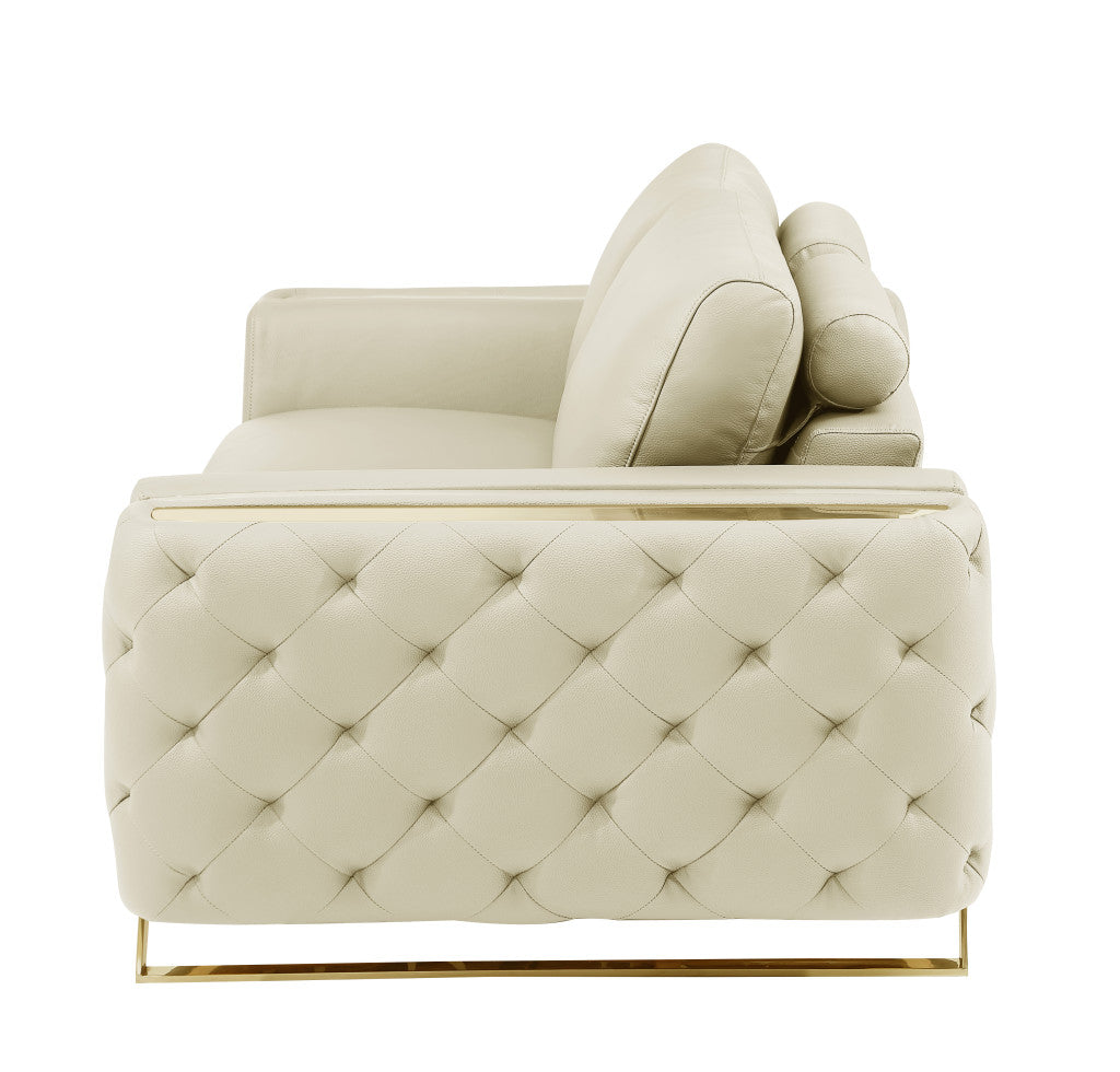 50" Beige And Gold Genuine Leather Tufted Club Chair - GreatEagleInc