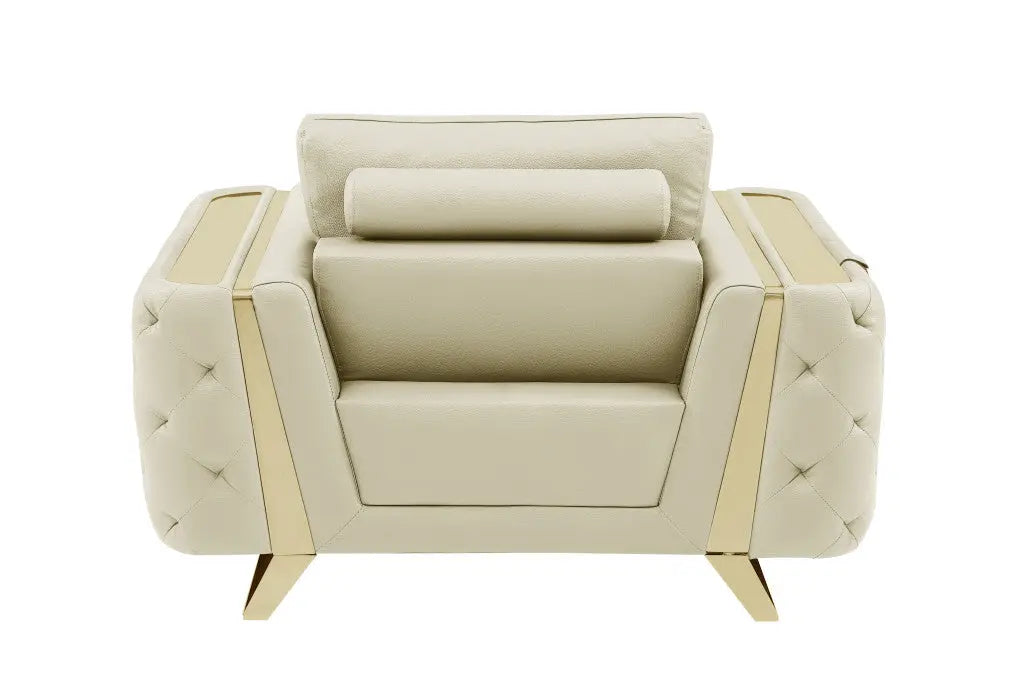 50" Beige And Gold Genuine Leather Tufted Club Chair - GreatEagleInc